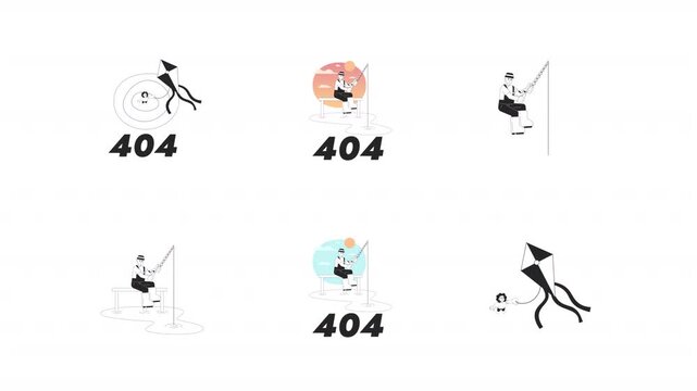 Fishing and kite 404 error black and white line animation pack. Woman enjoying summer pastime. Fishermen angling with rod by water animated outline 4K video set on transparent background