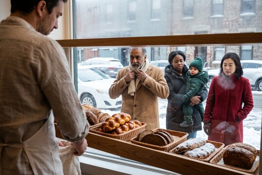 Diverse customers in winter coats looking at fresh bread in a bakery window while a baker arranges loaves inside on a cold snowy day