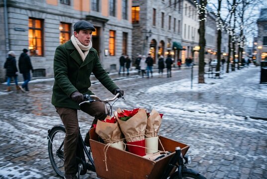 Young man riding a vintage cargo bicycle loaded with red poinsettia flowers down a snow-covered cobblestone street in a historic city during the winter holiday season