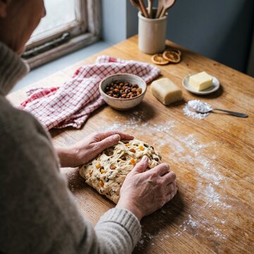 Senior woman kneading traditional Christmas stollen dough with dried fruits and raisins on a rustic wooden kitchen table