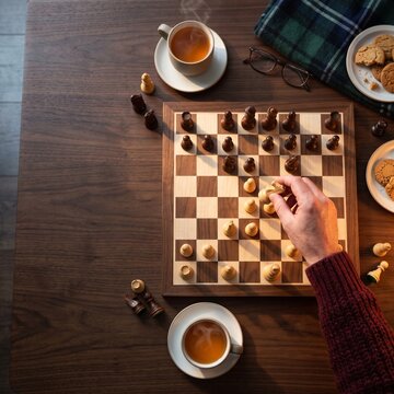 Top view of a person playing chess on a wooden table with steaming cups of tea, cookies, and eyeglasses in a cozy indoor setting