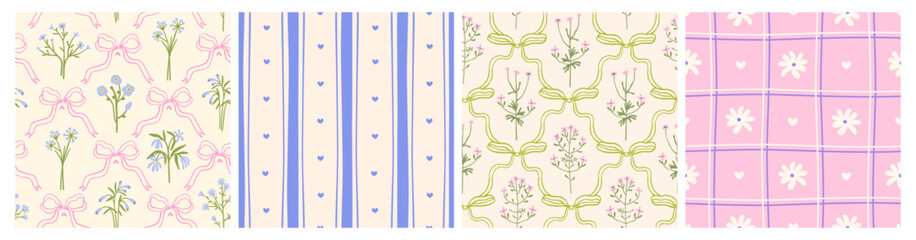 Plakat Coquette floral seamless pattern with bow and flower. Ribbon bow, stripe, spring flower patterns, wallpaper designs. Seamless backgrounds, girly floral pattern, coquette print. Vector illustrations.