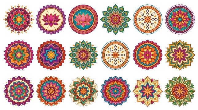 Colorful Decorative Mandala Flower Patterns Collection &ndash; Traditional Indian Rangoli and Floral Geometric Art