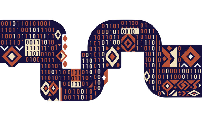 A Sumba weaving Tenun Ikat pattern flowing like a digital data stream with binary code elements and sharp geometric diamonds, 4-color palette of white, indigo, terracotta, and cream, trace