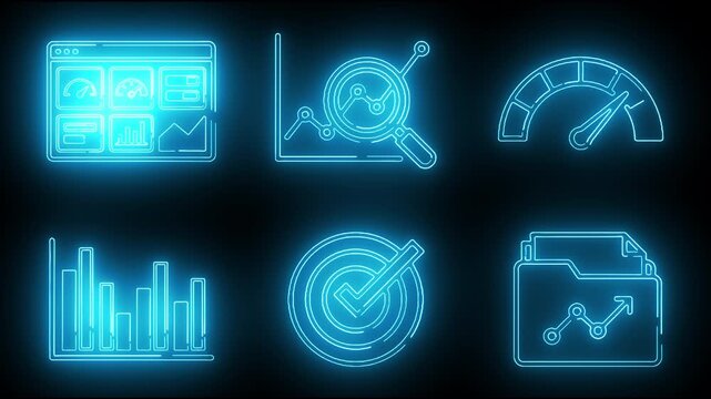 Neon Blue Business Analytics Dashboard Performance Metrics and Data Reporting : analytics UI dashboard, line graph search, performance speedometer gauge, bar chart, target checkmark, document growth f