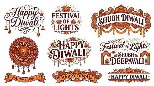 Happy Diwali Typography and Decorative Festival of Lights Lettering Collection with Traditional Diyas, Lotus Flowers and Indian Ornamental Designs