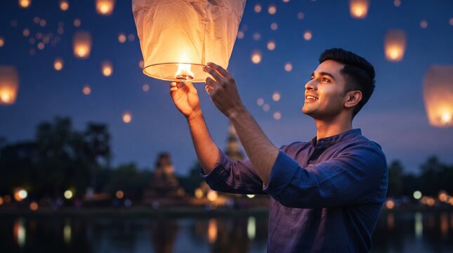 Young man releasing a glowing sky lantern beside a lake at dusk. Joyful celebration, hope and spiritual tradition beneath a starry evening sky