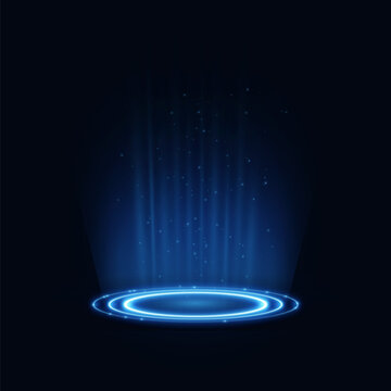 Blue Holographic Platform With Glowing Rings and Light Beams