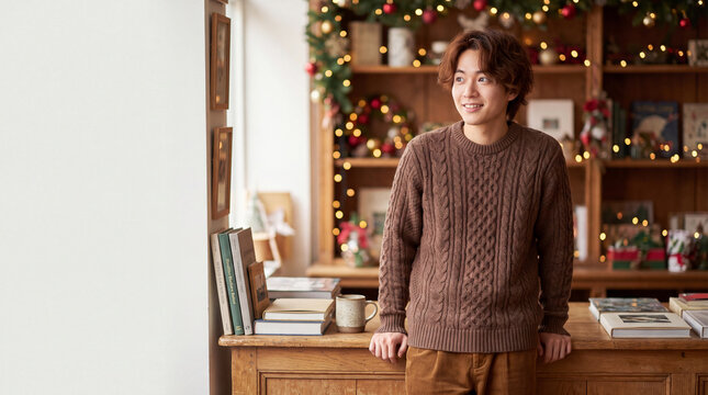 あたたかなセーターを着て優しく微笑む20代男性 ｜ 温かみある色調