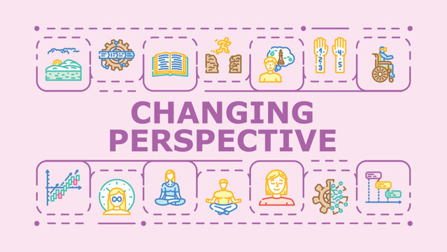 Changing perspective banner infographic. Awareness openness, mindset angle, reframing transformation icon vector illustration