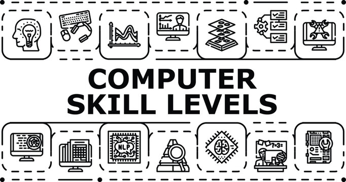 Computer skill levels banner infographic. Skilled novice, expert mastery, qualified knowledgeable icon vector illustration