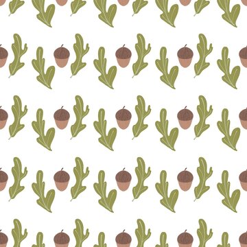 A soothing pattern of green oak leaves and brown acorns