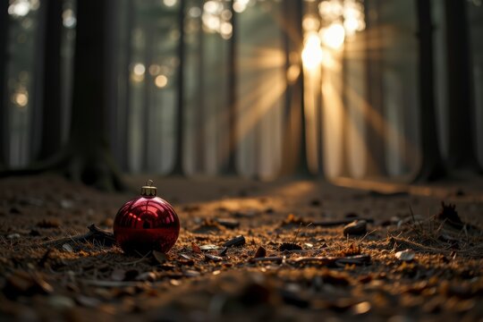Christmas ornament in forest with sunlight soothing nature holiday decoration
