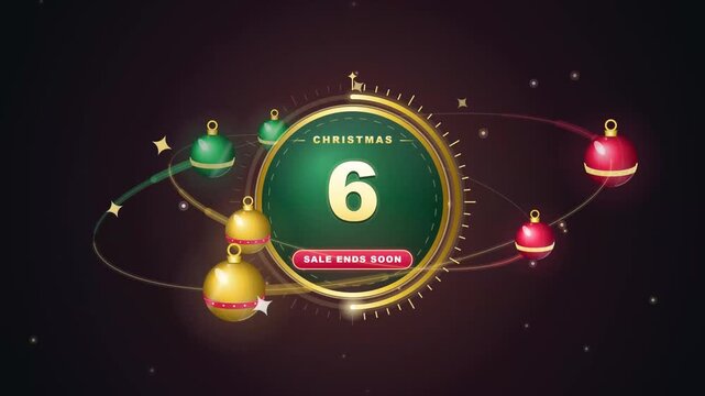 Christmas countdown banner with golden number six timer badge decorated with colorful hanging baubles and sparkles