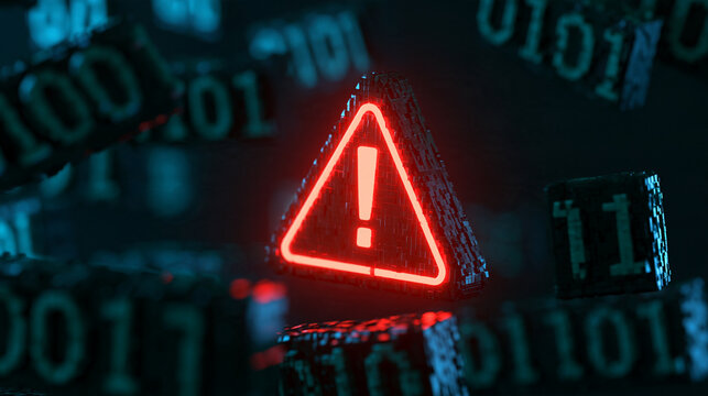 A glowing red warning triangle emerges from floating digital binary code blocks. Represents cyber security threats and data protection risks for technology companies.