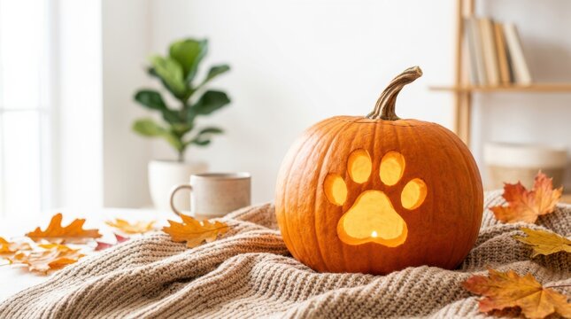 Pumpkin with a glowing paw carving rests on a knitted blanket among autumn leaves