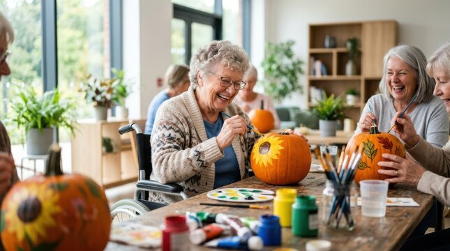 Senior women paint colorful pumpkins together at a craft table in a bright communal room