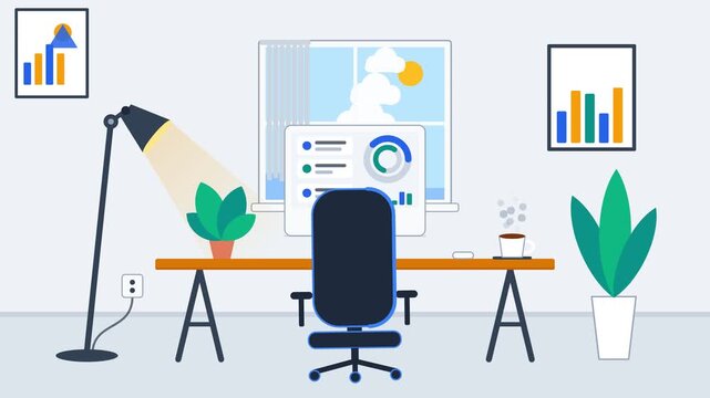 Modern office interior animation with smooth flowing motion in a seamless loop showing desk, chair, and computer monitor