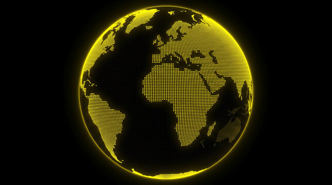 A glowing golden globe showing continents spinning in the deep darkness of space representing global connectivity and technology networks which connect people across the entire planet for