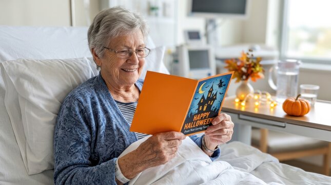 An elderly woman smiles while reading a Halloween greeting card in a hospital bed