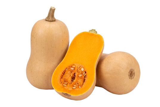 Butternut squash whole and halved showing orange flesh