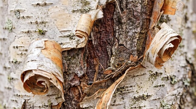 Close up of peeling birch tree bark with intricate textures and patterns.