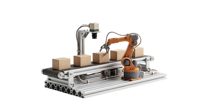 Miniature Robotic Arm Sorting Cardboard Parcels on Conveyor with Machine Vision Camera on Transparent Background