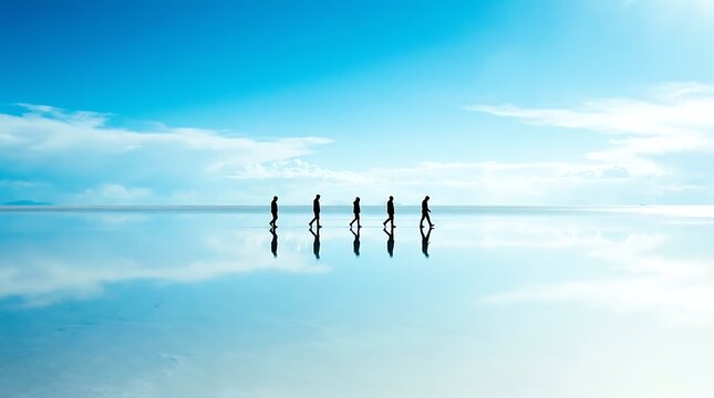 Silhouetted people walking across a vast reflective salt flat under a bright