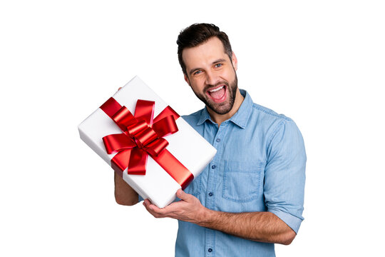 Close up photo amazing he him his guy romance surprise hold big large gift box scream shout yell girlfriend best boyfriend wear casual jeans denim shirts outfit clothes isolated grey background