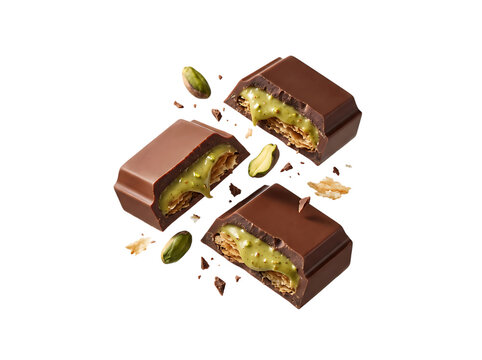 Luxury Pistachio Cream Filled Chocolate Squares Suspended in Midair on Transparent Background