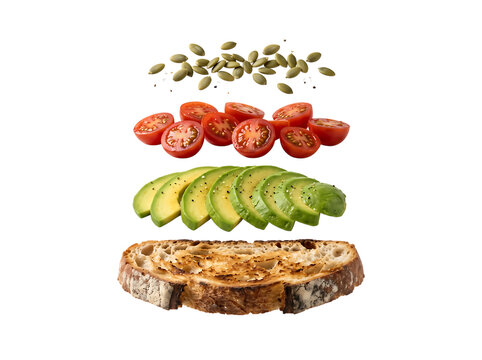 Floating Avocado Toast Ingredients with Cherry Tomatoes and Pumpkin Seeds on Transparent Background