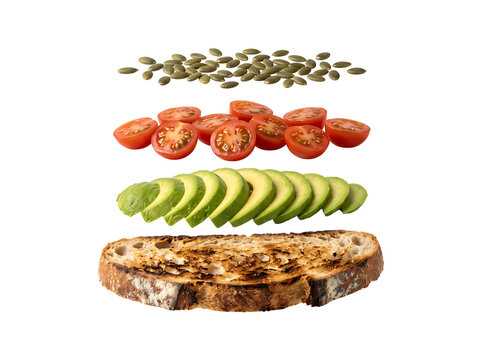 Floating Avocado Toast Ingredients with Cherry Tomatoes and Pumpkin Seeds on Transparent Background