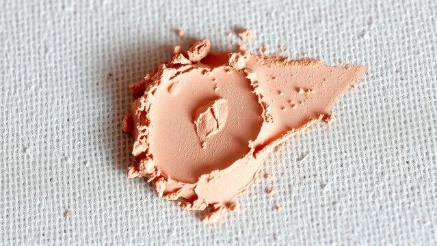 Coral cosmetic product fragment rests upon textured surface. Soft focus, closeup shot highlights powders detail, color.