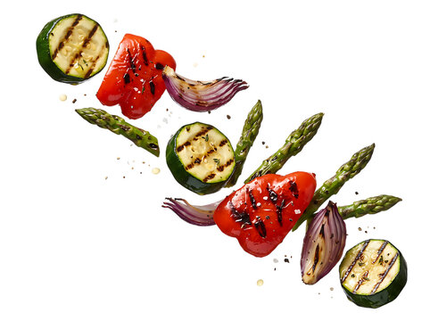 Floating Grilled Zucchini, Red Pepper, Red Onion, and Asparagus on Transparent Background