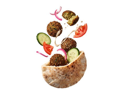 Open Pita Pocket with Floating Falafel, Fresh Vegetables, and Tahini Sauce on Transparent Background