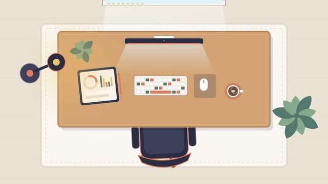 Modern office workspace interior with brown desk and computer in smooth motion animation loop