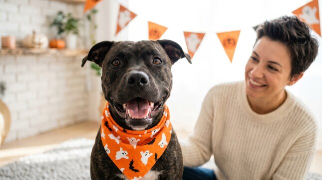 Brindle dog wears an orange Halloween bandana beside a smiling woman at home