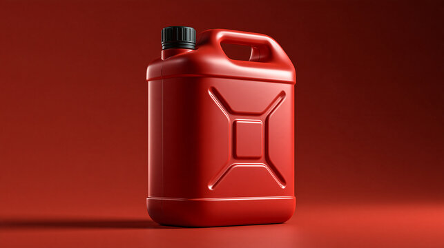 A red plastic jerrycan stands against a matching red studio background. This container represents fuel storage and automotive maintenance concepts.