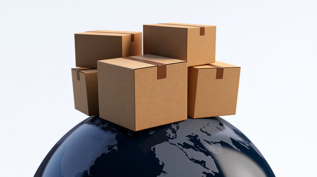 Cardboard boxes stacked on a globe isolated on white background. Symbolizing global logistics, international shipping, and e-commerce business distribution.