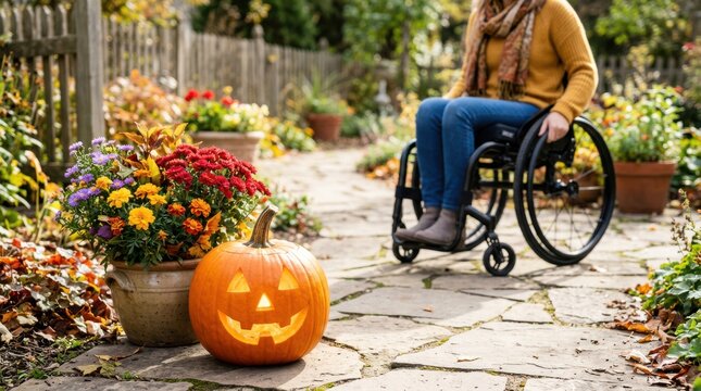 A carved Halloween pumpkin sits beside autumn flowers with a wheelchair user on a stone garden path