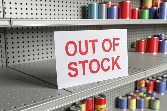 An out of stock sign on a supermarket shelf with few canned goods. Perfect for concepts of grocery shortages and inflation.