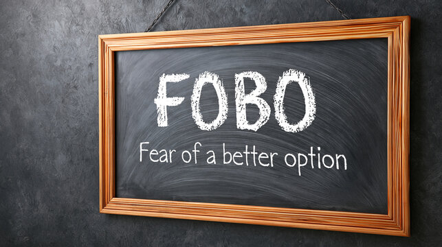 FOBO fear of a better option handwritten in chalk on a blackboard hanging on a dark wall. Conceptual psychology image for decision making and modern anxiety themes.