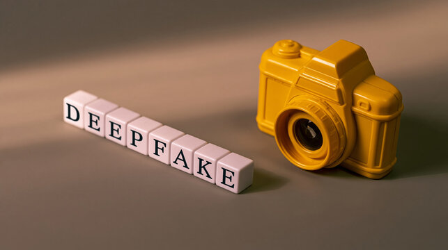 A yellow toy camera next to dice spelling deepfake on a dark surface. Conceptual image for cyber security and artificial intelligence awareness.