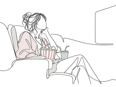 映画館でポップコーンを手に映画を観る女性の線画イラスト