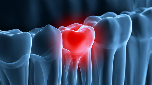 A glowing red human tooth indicating severe pain in a dental anatomy visualization. Useful for medical and dentistry health concepts.