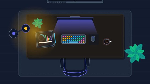 Modern office desk setup in dark blue tones with smooth flowing motion in a seamless loop animation