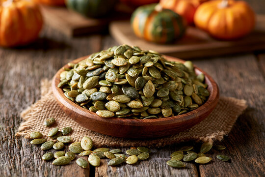 A wooden bowl filled with roasted pumpkin seeds sits on burlap over a rustic wooden table with small pumpkins. Perfect for autumn harvest food and healthy snacking concepts.