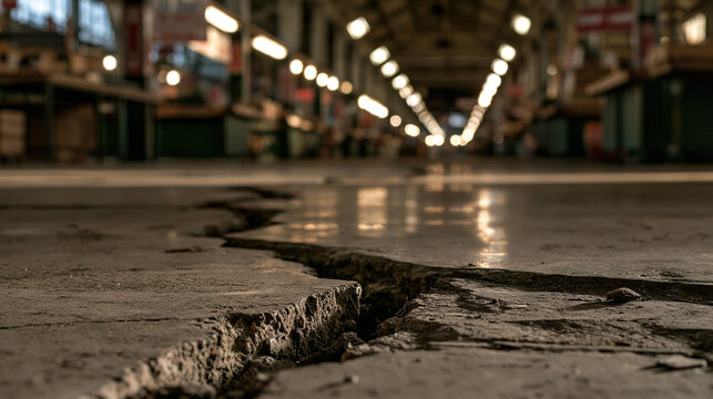 A deep crack splits the concrete floor of a dark abandoned market hall. Conceptual image of crisis, disaster, or structural damage for news reports.