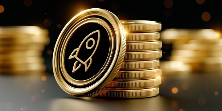 Shiny gold coins stacked with a rocket icon leaning against them, representing startup investment and financial growth concepts.