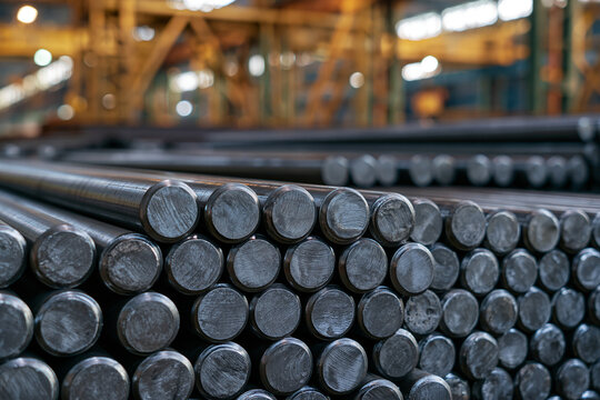 Stacked metal rods in an industrial factory with bright lighting. Perfect background for manufacturing and metallurgical industry concepts.